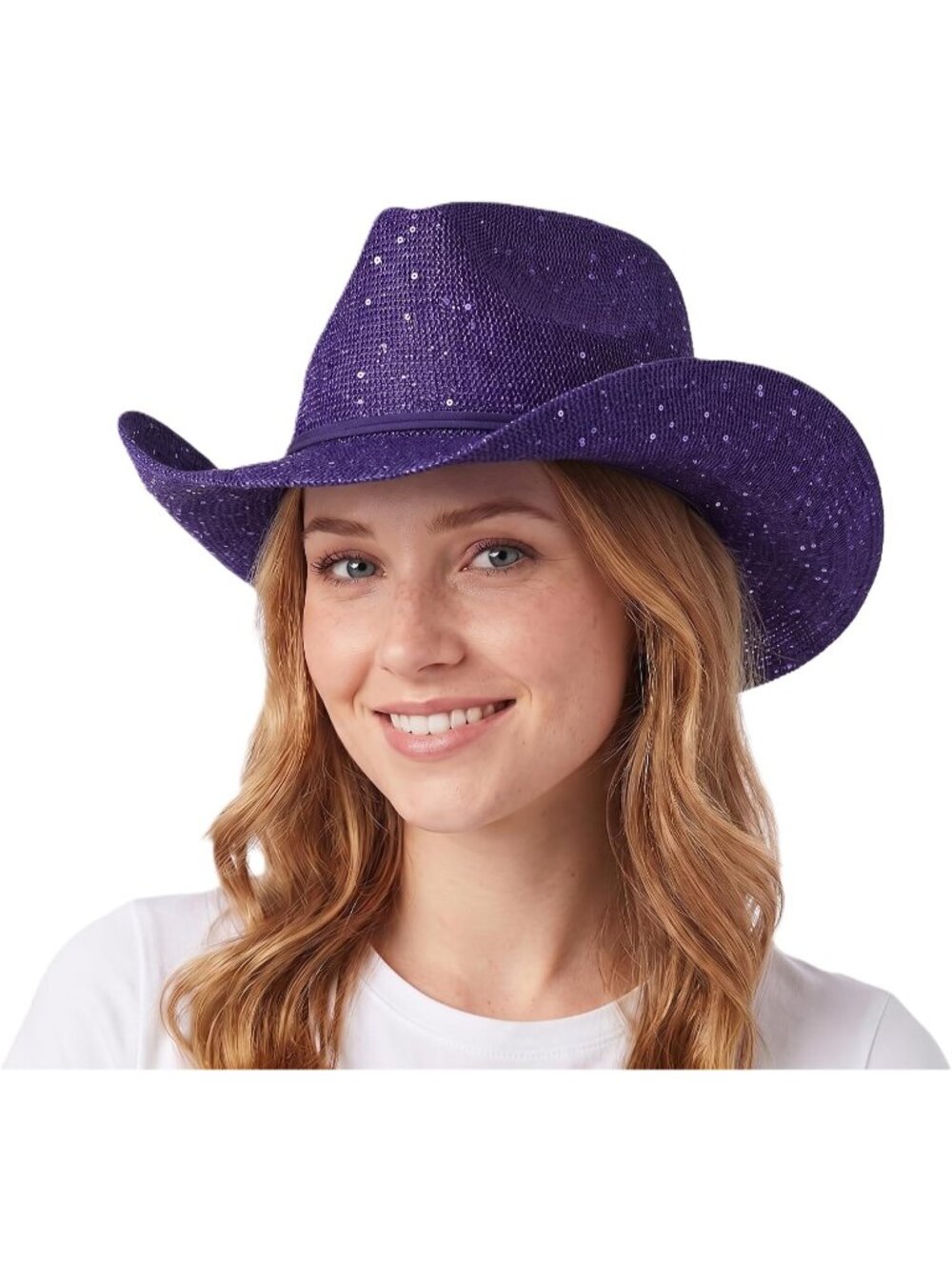 Women's Purple Sparkly Sequin Suede String Trim Party Cowboy Western Hat